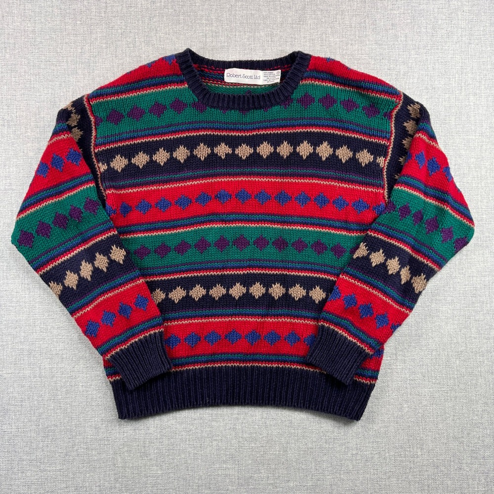 VTG 90s Robert Scott Fair Isle Knit Sweater Women Medium Colorful Cottagecore